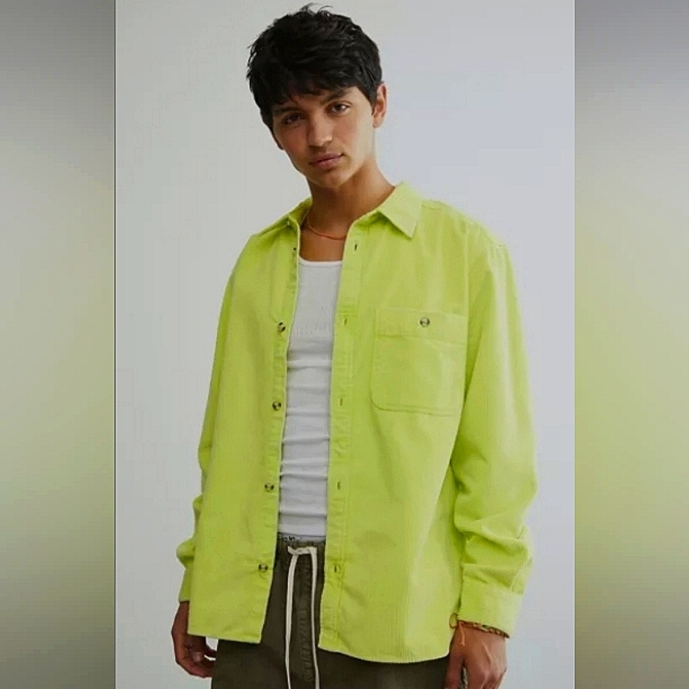 GUC Urban Outfitters UO Corduroy Big Work Shirt Button Up Neon Yellow Men Small